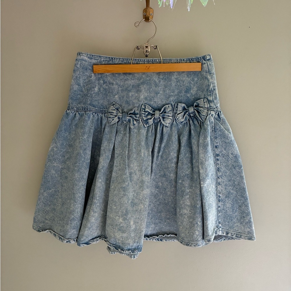 Vintage 80s Denim Acid Wash‎ Pleated Short Skirt Size Large